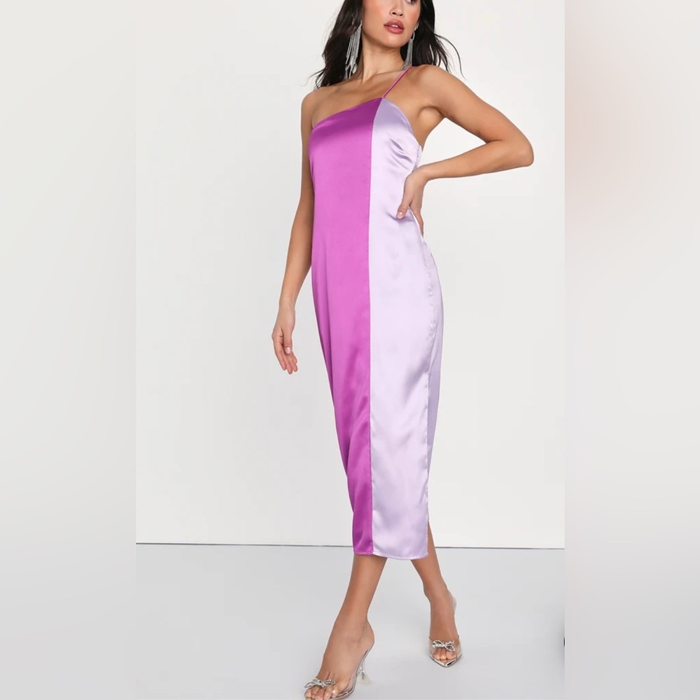 Lulus Flirty Intentions Purple Satin Color Block Midi Dress